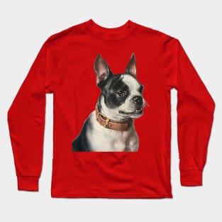 Cute Vintage Boston Terrier Dog with Collar Long Sleeve T-Shirt